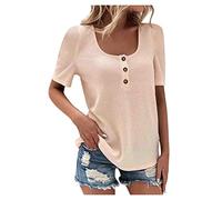 RMBLYfeiye T Shirt Damen U-Ausschnitt Einfarbiges Waffel Crochet Sommer Oberteile Kurzarm Knopfleiste Longshirt Basic Tunika Tops Elegant Blusen Locker Urlaub T Shirt