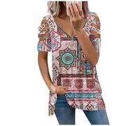 RMBLYfeiye T Shirt Damen V-Ausschnitt Blumen Bedruckt Schulterfrei Sommer Oberteile Kurzarm Locker Freizeitshirt Mit Reißverschluss Sexy Rückenfrei Blusenshirt Plissiertes Party Tops Off Shoulder