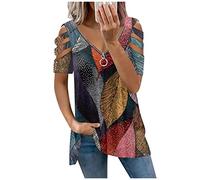 RMBLYfeiye T Shirt Damen V-Ausschnitt Blumen Bedruckt Schulterfrei Sommer Oberteile Kurzarm Locker Freizeitshirt Mit Reißverschluss Sexy Rückenfrei Blusenshirt Plissiertes Party Tops Off Shoulder