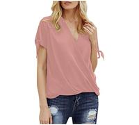 RMBLYfeiye T Shirt Damen V-Ausschnitt Einfarbiges Schulterfrei Sommer Blusen Kurzarm Locker Longshirt Leicht Blusenshirt Urlaub T Shirt Arbeits T Shirt Gemütlich Festliche Oberteile