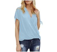 RMBLYfeiye T Shirt Damen V-Ausschnitt Einfarbiges Schulterfrei Sommer Blusen Kurzarm Locker Longshirt Leicht Blusenshirt Urlaub T Shirt Arbeits T Shirt Gemütlich Festliche Oberteile