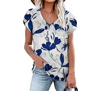 RMBLYfeiye T Shirt Damen V-Ausschnitt Retro Blumen Bedruckt Rüschenärmel Tunika Tops Elegant Locker Longshirt Basic Blusenshirt Kurzarm Vintage Boho Tops Freizeitshirt Party Tops Sommer Oberteile