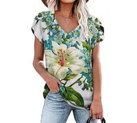 RMBLYfeiye T Shirt Damen V-Ausschnitt Retro Blumen Bedruckt Rüschenärmel Tunika Tops Elegant Locker Longshirt Basic Blusenshirt Kurzarm Vintage Boho Tops Freizeitshirt Party Tops Sommer Oberteile