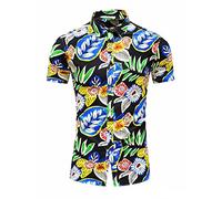 RMBLYfeiye T-Shirt Herren Sprüche Herrenhemden Langarm Polohemden Reverskragen Tropische Pflanzen Druck Strandhemd Kurzarm Slim Fit Businesshemden Basic Freizeithemd Jeanshemd Herren (Schwarz, 3XL)