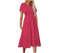 RMBLYfeiye T Shirt Kleid Damen,Sommerkleid Damen Rundhals Einfarbiges Gerippt Stickerei Maxikleid Puffärmel A Linien Plissiertes Tunika Kleid Rüschensaum Ballkleider Lang