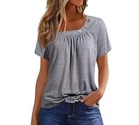 RMBLYfeiye T-Shirts Für Damen, Asymmetrischer Ausschnitt Sommer Bluse Kurzarm Blumenmuster Basic Shirt Locker Hemdbluse Festliche Oberteile Knopfleiste Sportshirt Leichte Laufshirt Musselin