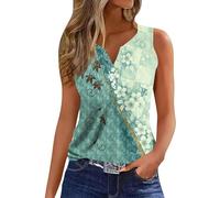 RMBLYfeiye T-Shirts Für Damen Oberteile Elegant T-Shirt Mädchen V-Ausschnitt Henley Tops Ärmellos Blumen Bedruckt Longtops Leichte Trägershirt Bluse Weiß