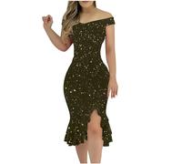 RMBLYfeiye Temu Shop Kleidung Damen Abendkleider Lang One Shoulder Kleid Midikleid Damen Elegant Sexy Schulterfrei Glitzer Kleid Frauen Italienische Kleider (Dark Green, S)