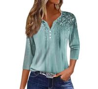 RMBLYfeiye Temu Shop Kleidung Damen Activewear Für Fledermaus Shirt Sport Blumen Bedruckt V-Ausschnitt Dreiviertelarm Locker Blusenshirt Sportshirt Langarm