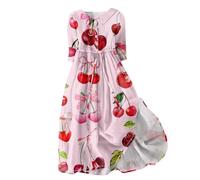 RMBLYfeiye Temu Shop Kleidung Damen Hemdkleid Maxikleid Elegant Sommerkleider Revers Früchte Bedruckt Mit Gürtel 3/4 Arm Knopf Sommerkleid Knielang