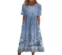 RMBLYfeiye Temu Shop Kleidung Damen Maxikleid Damen Sommerkleider Damen Kurz Damen Kleid Sommer Rundhals Blumen Bedruckt Kurzarm Abschlusskleid Mit Taschen Chiffonkleid (Dunkelblau, XL)