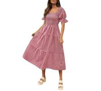 RMBLYfeiye Temu Shop Kleidung Damen Sexy Kleid Damen Abendkleid Schwarz Kleid Mit Taschen Square Neck Puffärmel Kariertes Druck Maxikleid Sommer Kleid (Rot, L)