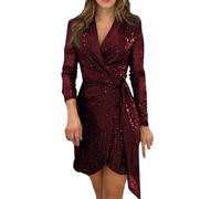 RMBLYfeiye Temu Shop Kleidung Damen Wickelkleid Damen Sommer Spitzenkleid Damen Chiffonkleid Damen Langarm Blazerkleid Kurze Glitzer Kleid Sexy Ballkleider Ausgefallene Bandeau Kleid (Wein, L)