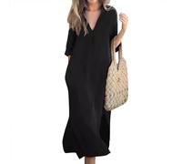 RMBLYfeiye Tshirt Kleid Damen Jeanskleid Sommer Gatsby Baumwoll Leinen Einfarbiges Sommerkleid 3/4 Arm V-Ausschnitt Maxikleid Vokuhila