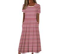 RMBLYfeiye Tunika Kleid Damen Chiffonkleid Grün Rundhalsausschnitt Gestreifter Druck Kurzarm Abendkleid Mit Taschen Sexy