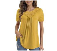 RMBLYfeiye Tunika Tops Damen Rundhals Einfarbiges Stickerei Sommer Oberteile Kurzarm Locker A Linien Plissiertes Blusenshirt Basic Longshirt Leicht Urlaub T Shirt