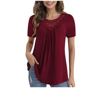 RMBLYfeiye Tunika Tops Damen Rundhals Einfarbiges Stickerei Sommer Oberteile Kurzarm Locker A Linien Plissiertes Blusenshirt Basic Longshirt Leicht Urlaub T Shirt