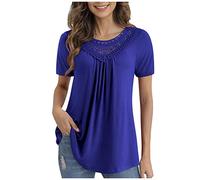 RMBLYfeiye Tunika Tops Damen Rundhals Einfarbiges Stickerei Sommer Oberteile Kurzarm Locker A Linien Plissiertes Blusenshirt Basic Longshirt Leicht Urlaub T Shirt