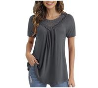 RMBLYfeiye Tunika Tops Damen Rundhals Einfarbiges Stickerei Sommer Oberteile Kurzarm Locker A Linien Plissiertes Blusenshirt Basic Longshirt Leicht Urlaub T Shirt