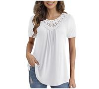 RMBLYfeiye Tunika Tops Damen Rundhals Einfarbiges Stickerei Sommer Oberteile Kurzarm Locker A Linien Plissiertes Blusenshirt Basic Longshirt Leicht Urlaub T Shirt
