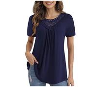RMBLYfeiye Tunika Tops Damen Rundhals Einfarbiges Stickerei Sommer Oberteile Kurzarm Locker A Linien Plissiertes Blusenshirt Basic Longshirt Leicht Urlaub T Shirt
