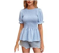 RMBLYfeiye Tunika Tops Damen Rundhals Flare Hülse Gerippt Party Tops Einfarbiges Rüschensaum Blusenshirt Slim Fit Elegant Oberteile Basic Sommer T Shirt Urlaub T Shirt Hawaii Shirt