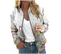 RMBLYfeiye Übergangsjacke Damen Blumenmuster Langarm Bomberjacke Mit Reißverschluss Stehkragen Outwear Kurz Coat Taschen Herbst Frühling Dünne Dacke Leicht College Jacke Blouson Für Frauen