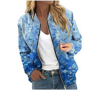 RMBLYfeiye Übergangsjacke Damen Blumenmuster Langarm Bomberjacke Mit Reißverschluss Stehkragen Outwear Kurz Coat Taschen Herbst Frühling Dünne Dacke Leicht College Jacke Blouson Für Frauen