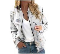 RMBLYfeiye Übergangsjacke Damen Blumenmuster Langarm Bomberjacke Mit Reißverschluss Stehkragen Outwear Kurz Coat Taschen Herbst Frühling Dünne Dacke Leicht College Jacke Blouson Für Frauen