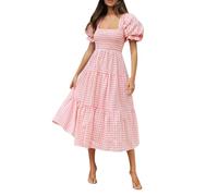 RMBLYfeiye Unterkleid Für Durchsichtige Kleider Vintage Damen Sommer Knielang Square Neck Puffärmel Kariertes Druck Maxikleid Leinenkleider