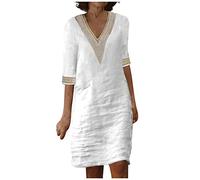 RMBLYfeiye Weisses Kleid Damen，Leinenkleid Damen V-Ausschnitt Einfarbiges Ärmellos Midikleid A Linien Bleistiftkleid Baumwoll Leinen Sommerkleid
