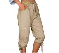 RMBLYfeiye Weite Hose Damen Damenhose Mit Gummizug Leinenhose Damen Sommer Tunnelzug Einfarbiges Mittelalter Hose Mit Taschen High Waist Schlupfhose Knielang Retro Haremshose Damenhosen (Khaki, M)