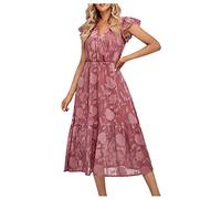 RMBLYfeiye Wickelkleid Damen Sommer,Sommerkleid Damen Rundhals Einfarbiges Gerippt Stickerei Maxikleid Puffärmel A Linien Plissiertes Tunika Kleid Rüschensaum Ballkleider Lang