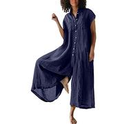 RMBLYfeiye Women Jumpsuit Revers Einfarbiges Langarm Latzhose Mit Taschen Knopfleiste Weites Bein Trägerhose Baumwoll Leinen Sommer Overall Dunkelblau Jumpsuit(Dunkelblau, L)