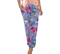 RMBLYfeiye Yoga Hosen Damen Outdoor Für Sporthose Kurz Elastische Taille Retro Blumen Bedruckt Caprihose Mit Taschen Locker Boho Hose Straight Leg Haremshose Weite