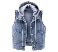 Rmellose Jeansweste Für Damen-Vintage Distressed Washed Denim Weste Kordelzug Abnehmbare Kapuze Kurze Jeansweste Jeansjacke Cropped Freizeit Sommer Frühling Jeansjacke Cardigan Top Outwear,Hellbla