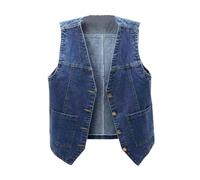 Rmellose Jeansweste Für Damen-Vintage Gewaschene Jeansweste Täglicher V-Ausschnitt Kurze Jeansweste Übergröße Jeansjacke Cropped Freizeit Sommer Frühling Jeansjacke Knopfleiste Strickjacke,Blau,S