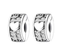 RMMY Charm Silver Heart Pavé Clip Stopper Charms 2pcs Anhänger für Armband Halskette Muttertag Geschenk für Frauen 925 Sterling Silber Beads with Zirkonia Schmuck