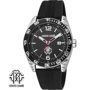 Roberto Cavalli RC5G018P0035 silber schwarz Kautschuk Armband Uhr Herren NEU