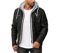 Robuste Lederjacke Kunstleder Bikerjacke mit abnehmbarer Kapuze Schwarz-Graumelange 3XL