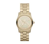 Robuste und stilvolle Damenuhr der Marke Michael Kors in der Farbe Gold. Die Uhr ist aus rostfreiem Stahl gefertigt. Das Armband ist ebenfalls aus Edelstahl, hat eine Faltschließe und kann kleiner gem