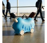 Robuster Kinder Trolley Hartschalenkoffer Blau - Stabiler Koffer mit Sitzfunktion für Mädchen & Jungen, Buntes Kindergepäck mit Rollen