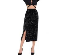 Rock Damen A-Linie Glitzer Pailletten Samt Rock mit Plissee Midi Elegant Festlich Faltenrock Sommer