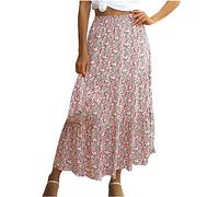 Rock Damen Chiffon-Rock Lang Boho Blumen Hohe Elastische Taille und Gürtel Maxi Skirt Faltenrock Strandrock Freizeitrock (Pink, M)