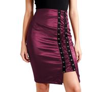 Rock Damen Kunstleder Bleistiftrock Knielang Leder Minirock Hohe Taille Lederrock mit Schlitz Vorne Eng Wickelrock Sexy Lederimitat High Waist Röcke Elegant Strandrock Pu Abendrock mit Schnürung