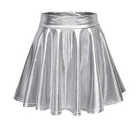 Rock Damen Kurze Metallischer Faltenrock Mini Skater Röcke Hohe Taille Plisseerock PU Lederrock Sexy A-Linie Rock Silber Metallic Y2K Tennisrock Tanzrock Karneval Kostüm Glitzer Party Clubwear
