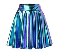 Rock Damen Kurze Metallischer Faltenrock Mini Skater Röcke Hohe Taille Plisseerock PU Lederrock Sexy A-Linie Rock Silber Metallic Y2K Tennisrock Tanzrock Karneval Kostüm Glitzer Party Clubwear