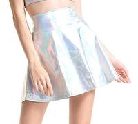 Rock Damen Kurze Metallischer Faltenrock Mini Skater Röcke Hohe Taille Plisseerock PU Lederrock Sexy A-Linie Rock Silber Metallic Y2K Tennisrock Tanzrock Karneval Kostüm Glitzer Party Clubwear