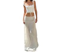 Rock Damen Lang Boho Rock Spitzensaum Maxi Skirt Elastischer Bund Sommerrock Faltenrock Elegant Maxirock mit Kordelzug A-Line Freizeitrock Mittelalter Rock Strandkleid (B-Weiß, M)