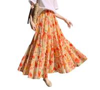 Rock Damen Lang Chiffon Hohe Taille Maxirock Elegant Bohemien Röcke A-Linie Urlaub Sommerrock Faltenrock Orange XL